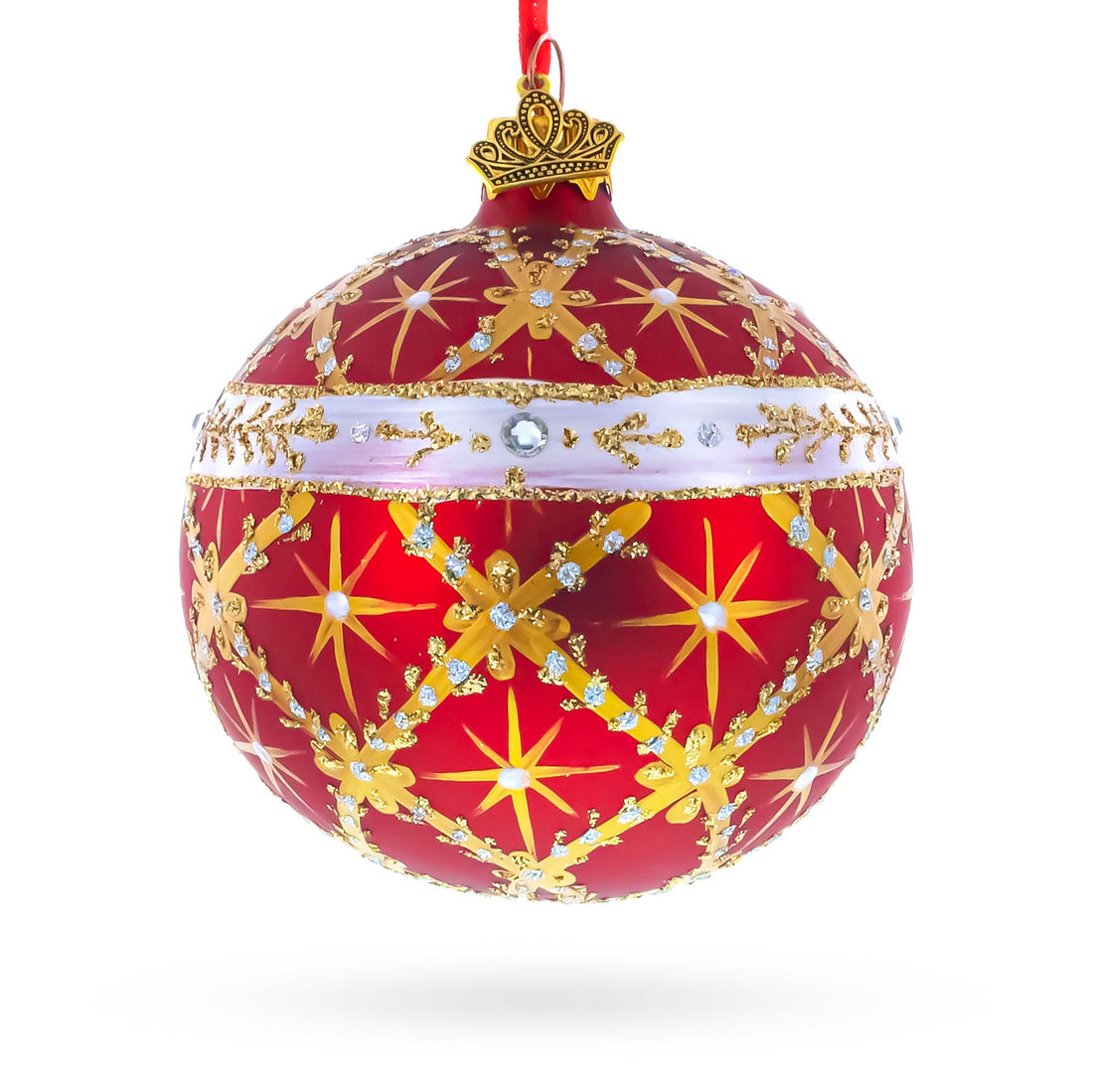 Diamond Trellis on Red Glass Ball Christmas Ornament 3.25 Inches