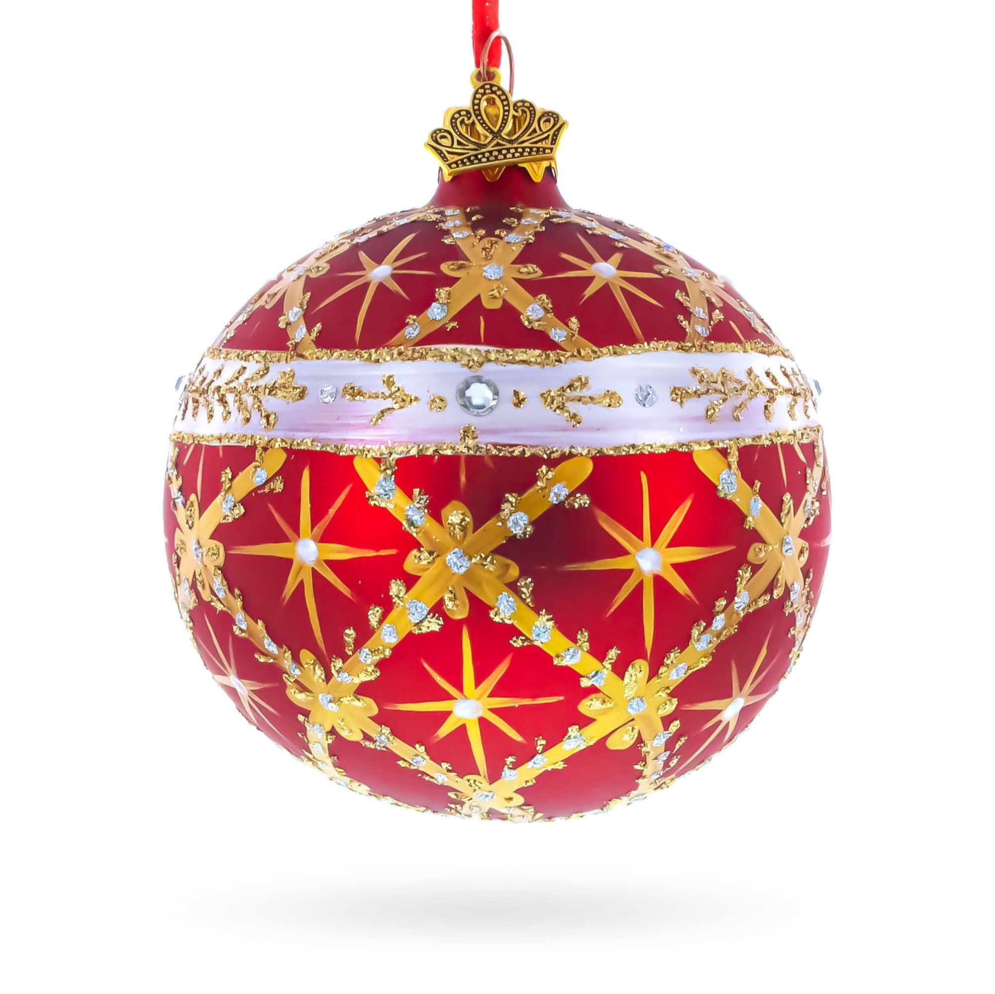 Diamond Trellis on Red Glass Ball Christmas Ornament 3.25 Inches