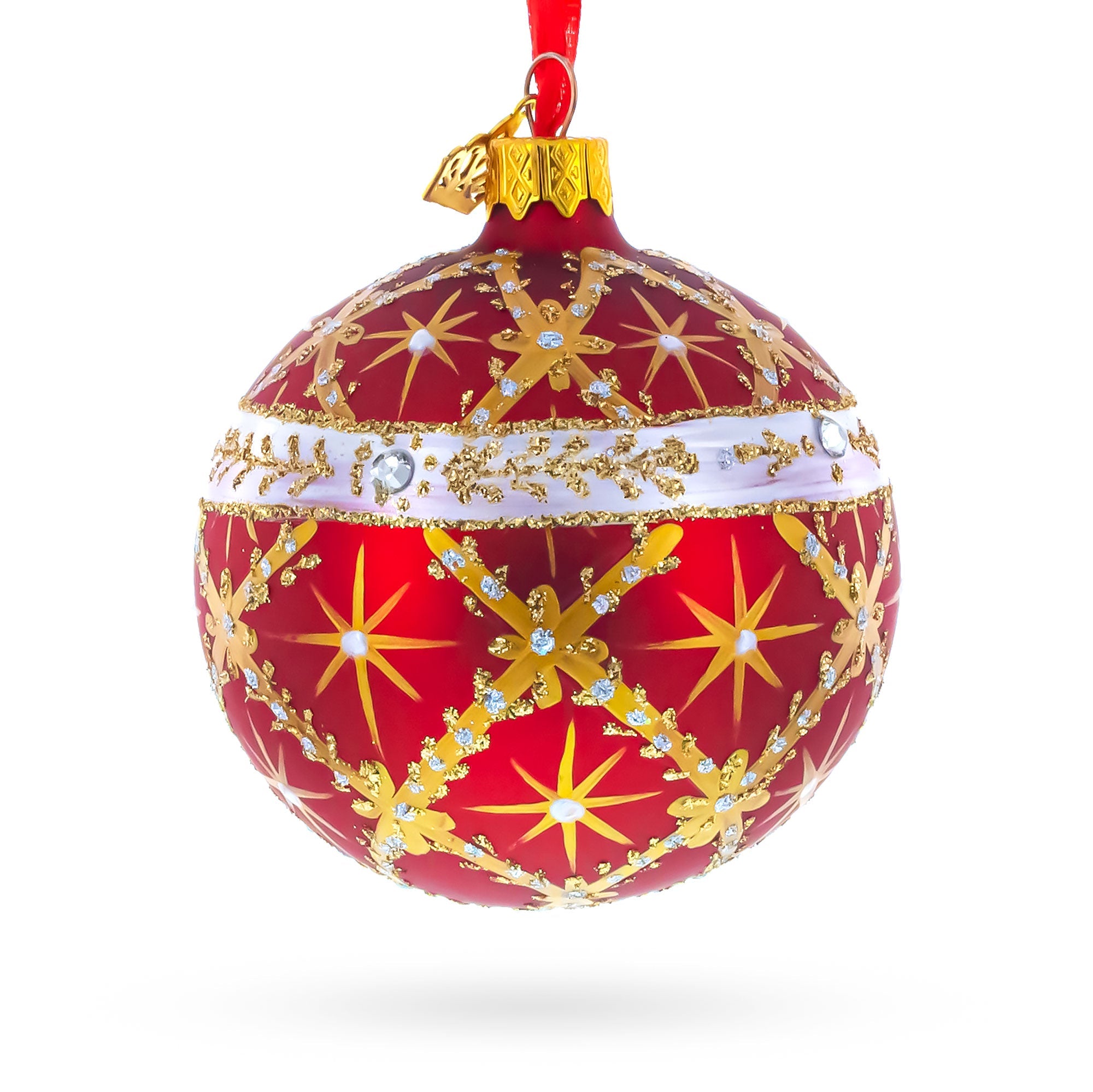 Diamond Trellis on Red Glass Ball Christmas Ornament 3.25 Inches