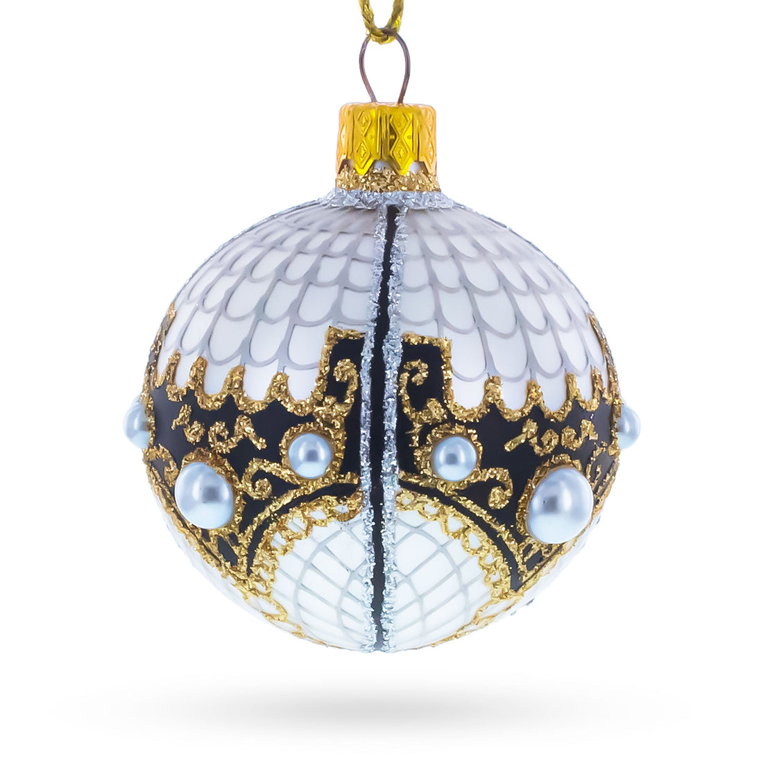 Mother Of Pearl on Gold Filigree Glass Ball Christmas Ornament 2.4 Inches