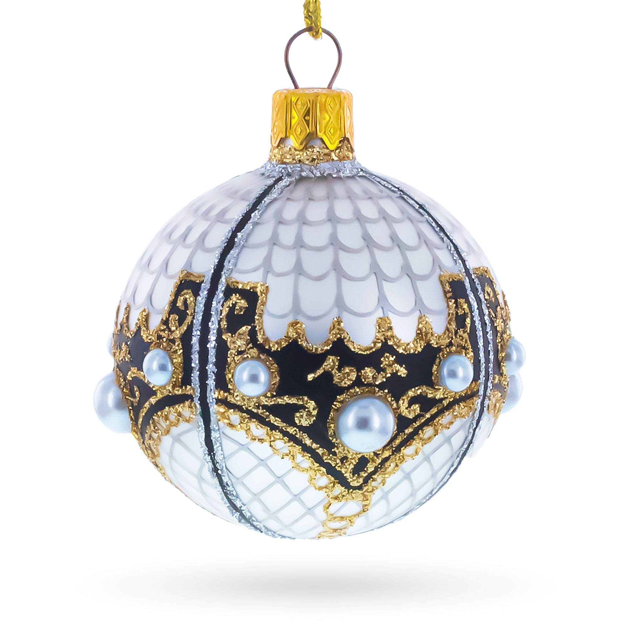 Mother Of Pearl on Gold Filigree Glass Ball Christmas Ornament 2.4 Inches