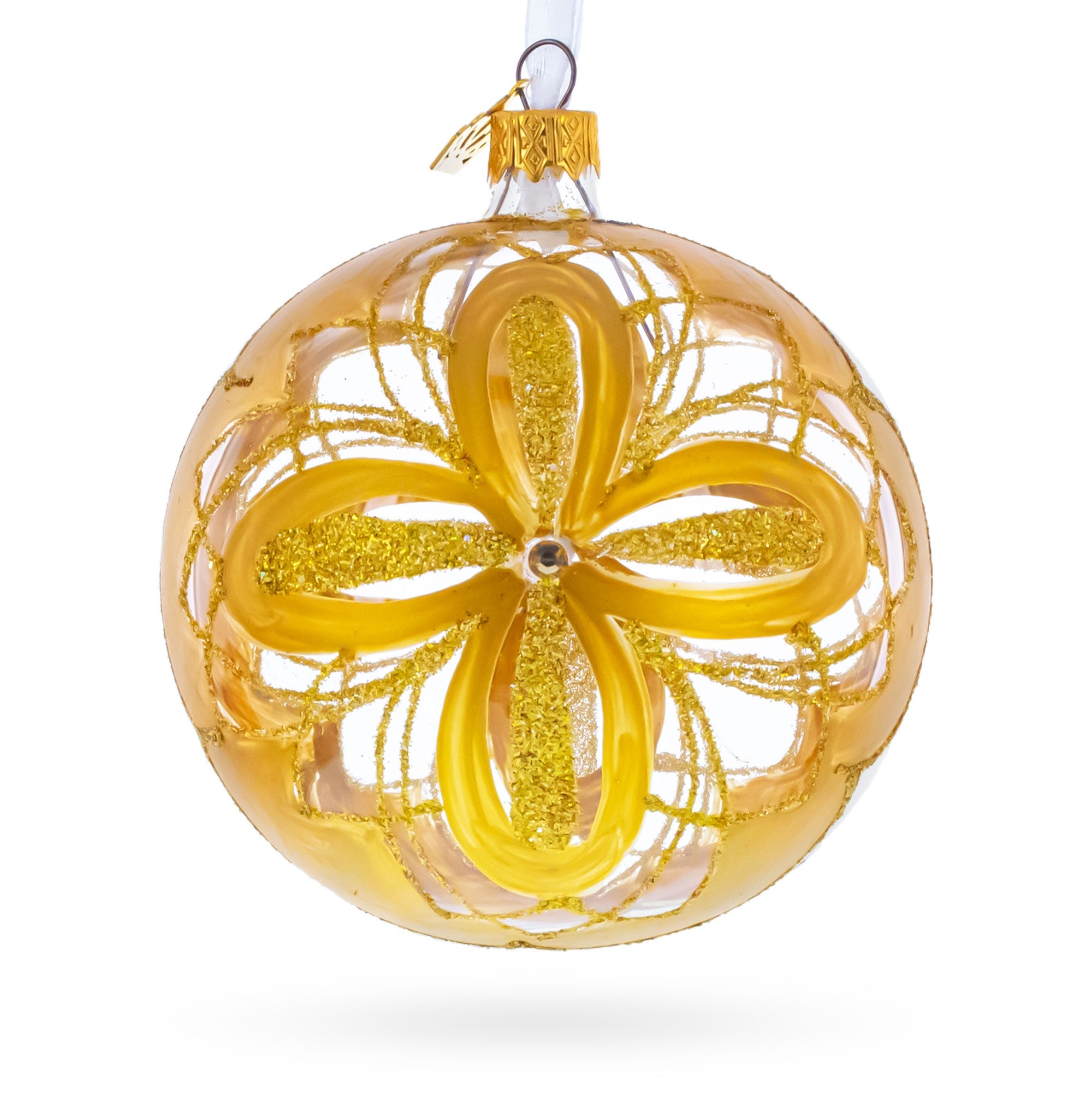 Radiant Gold Starburst Pattern Glass Ball Christmas Ornament 4 Inches