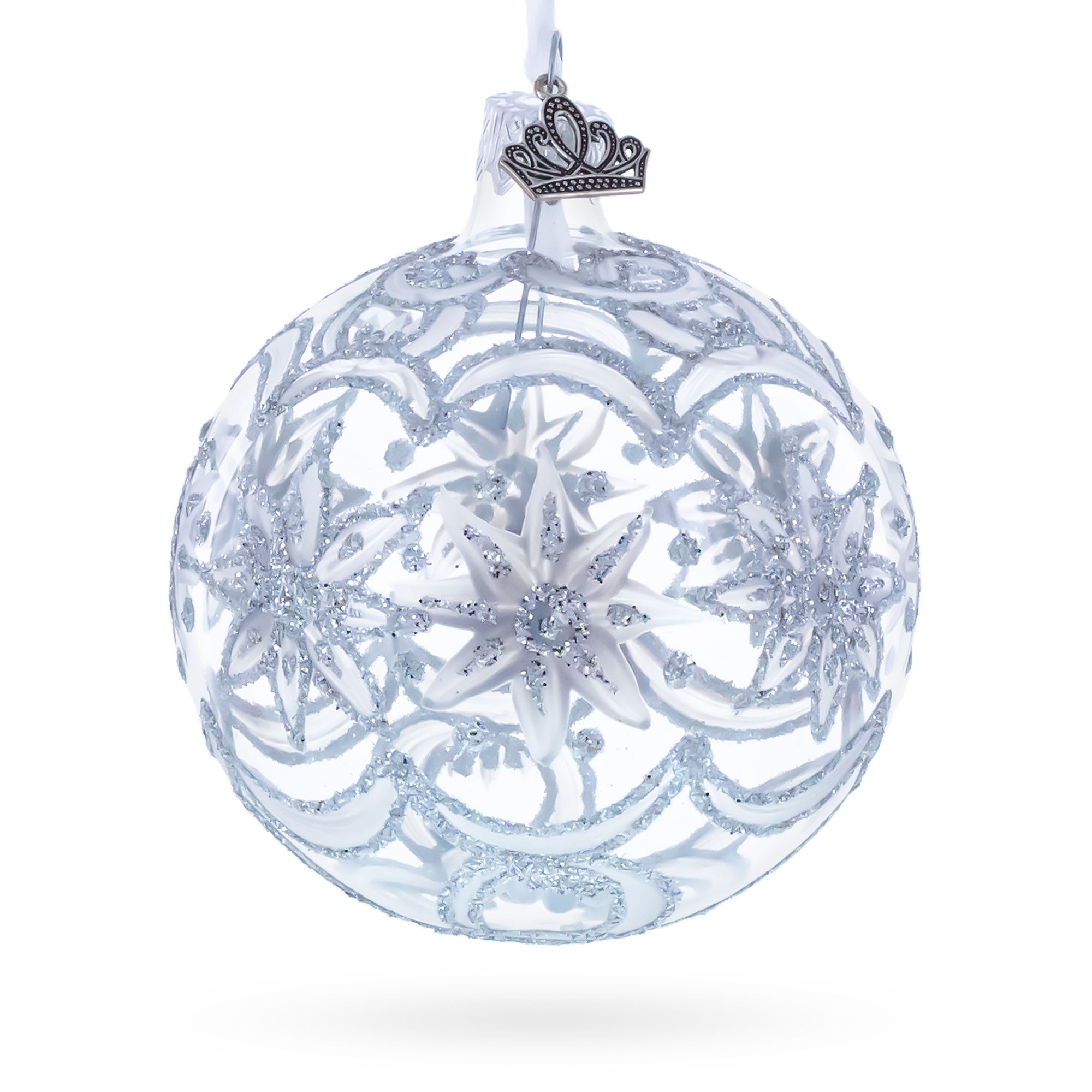 Frosted Silver Poinsettia Sparkle Glass Ball Christmas Ornament 3.25 Inches