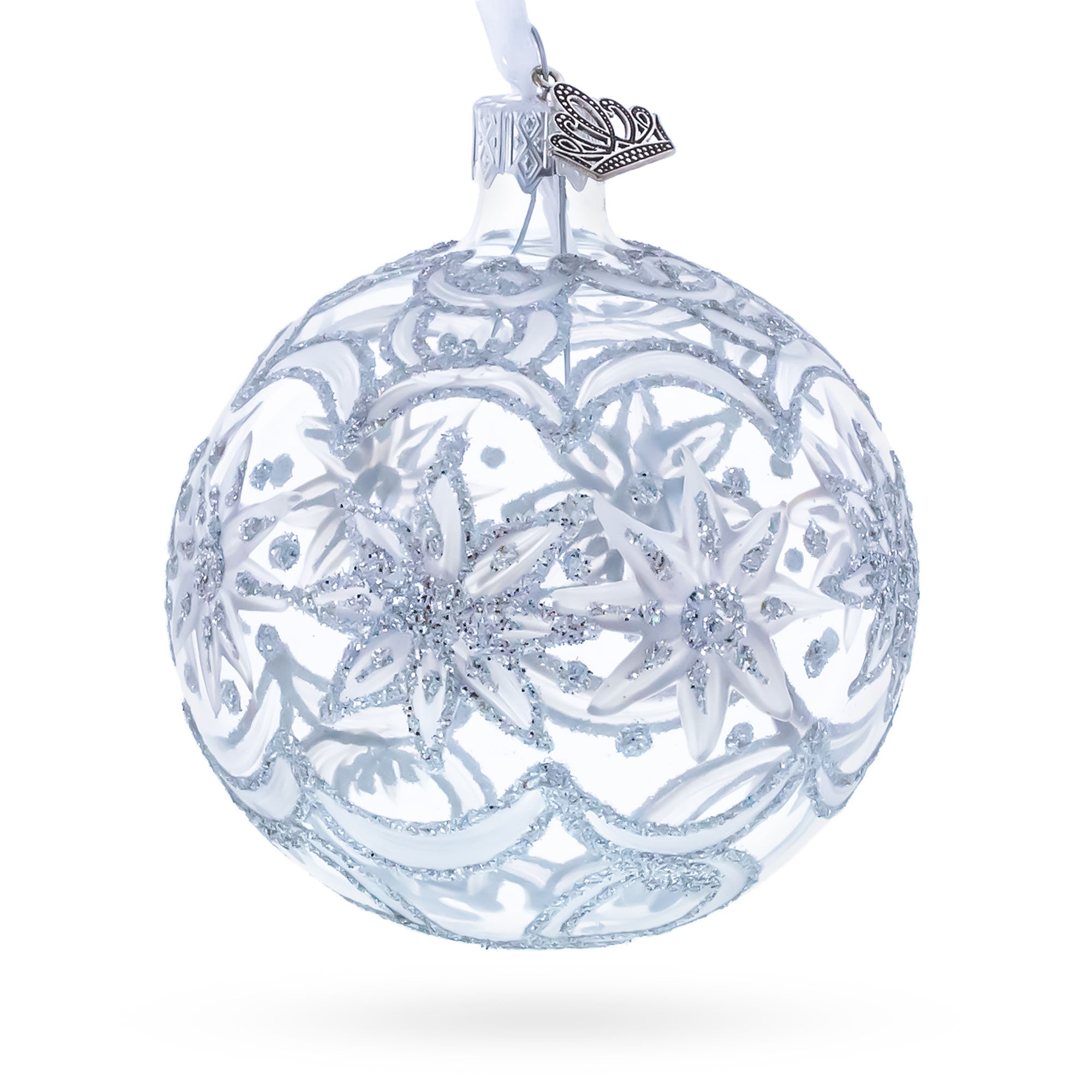 Frosted Silver Poinsettia Sparkle Glass Ball Christmas Ornament 3.25 Inches