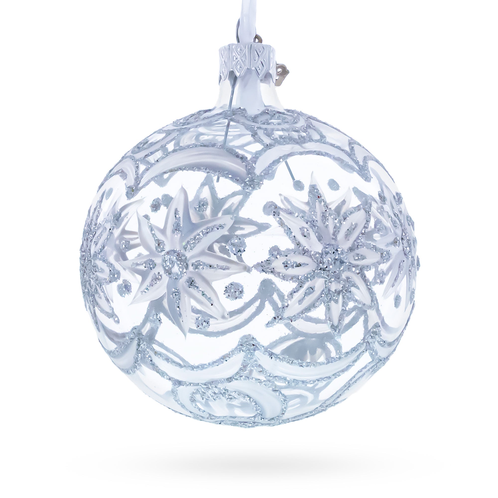 Frosted Silver Poinsettia Sparkle Glass Ball Christmas Ornament 3.25 Inches