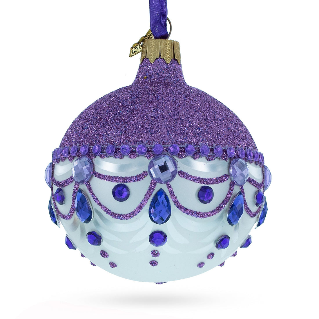 Glittered Purple Top Glass Ball Christmas Ornament 3.25 Inches