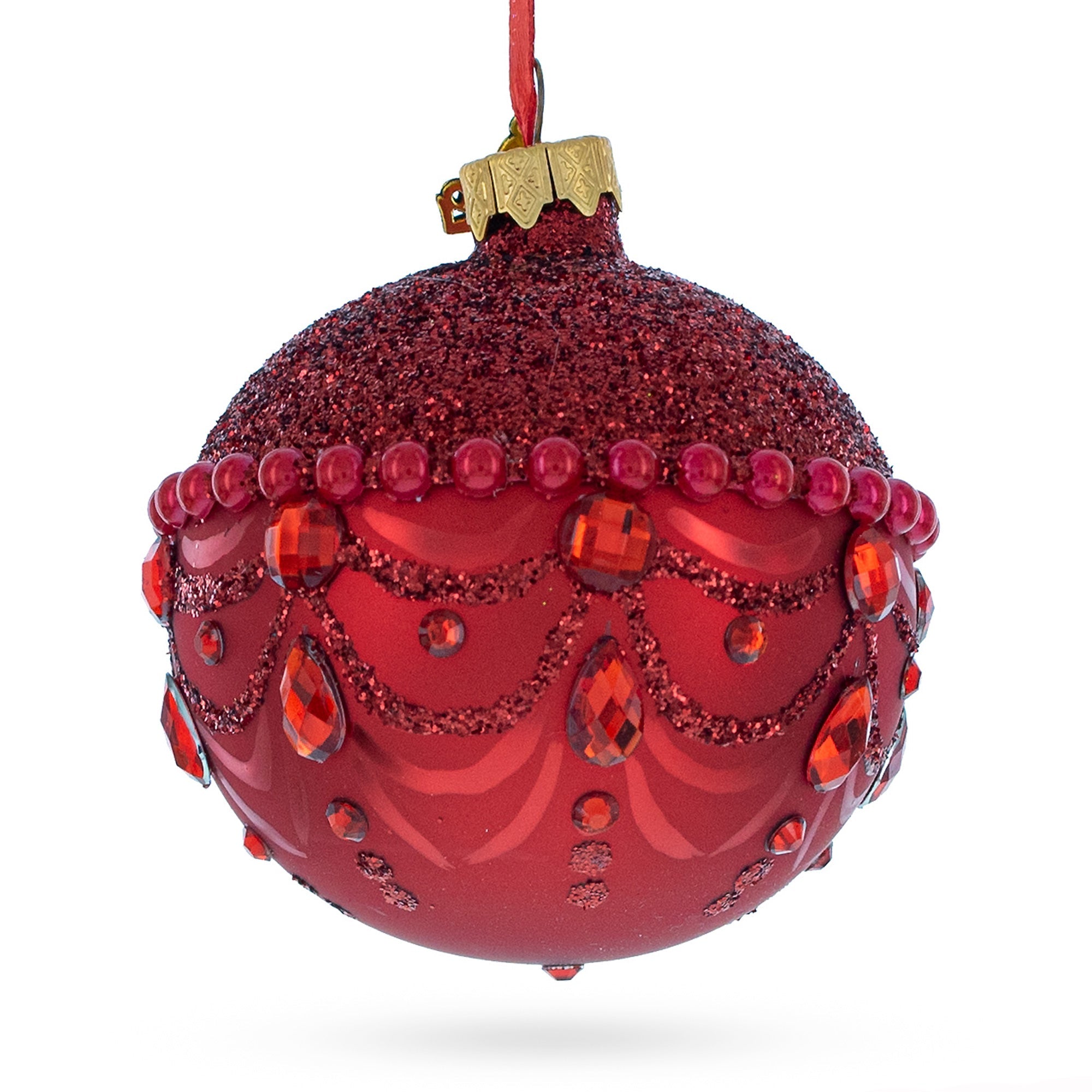 Bejeweled Chandelier Design on Red  Glass Ball Christmas Ornament 3.25 Inches