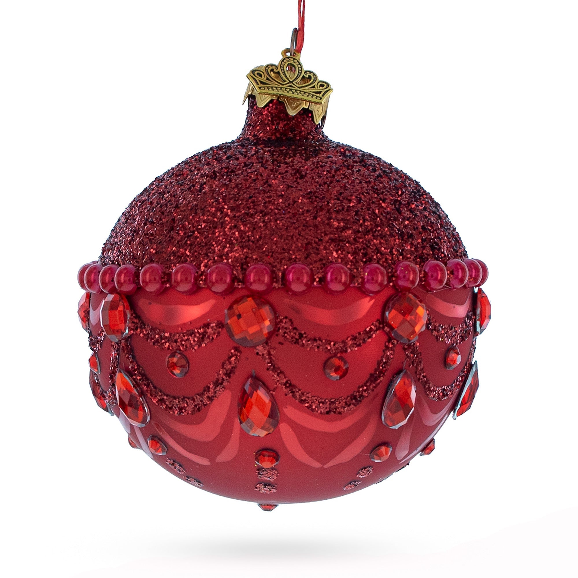 Bejeweled Chandelier Design on Red  Glass Ball Christmas Ornament 3.25 Inches
