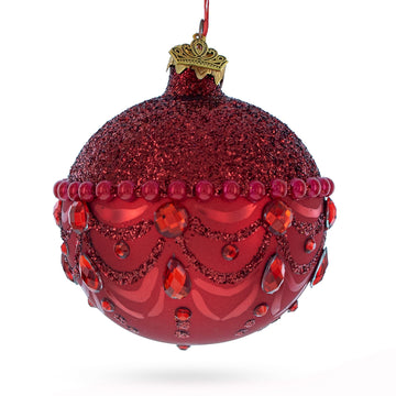 Bejeweled Chandelier Design on Red  Glass Ball Christmas Ornament 3.25 Inches