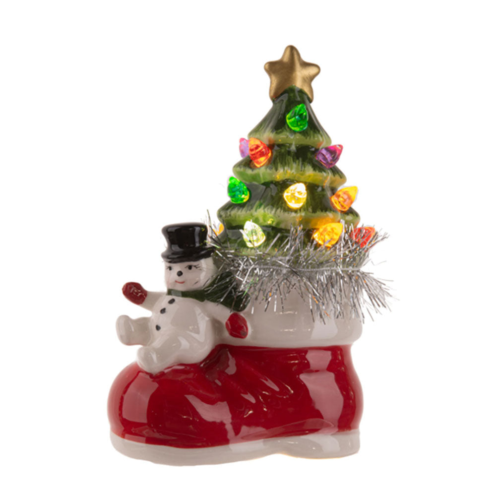 LED Light Up Santa & Snowman w/Tree in Boot Figurines Set/2