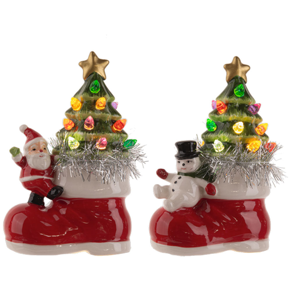 LED Light Up Santa & Snowman w/Tree in Boot Figurines Set/2