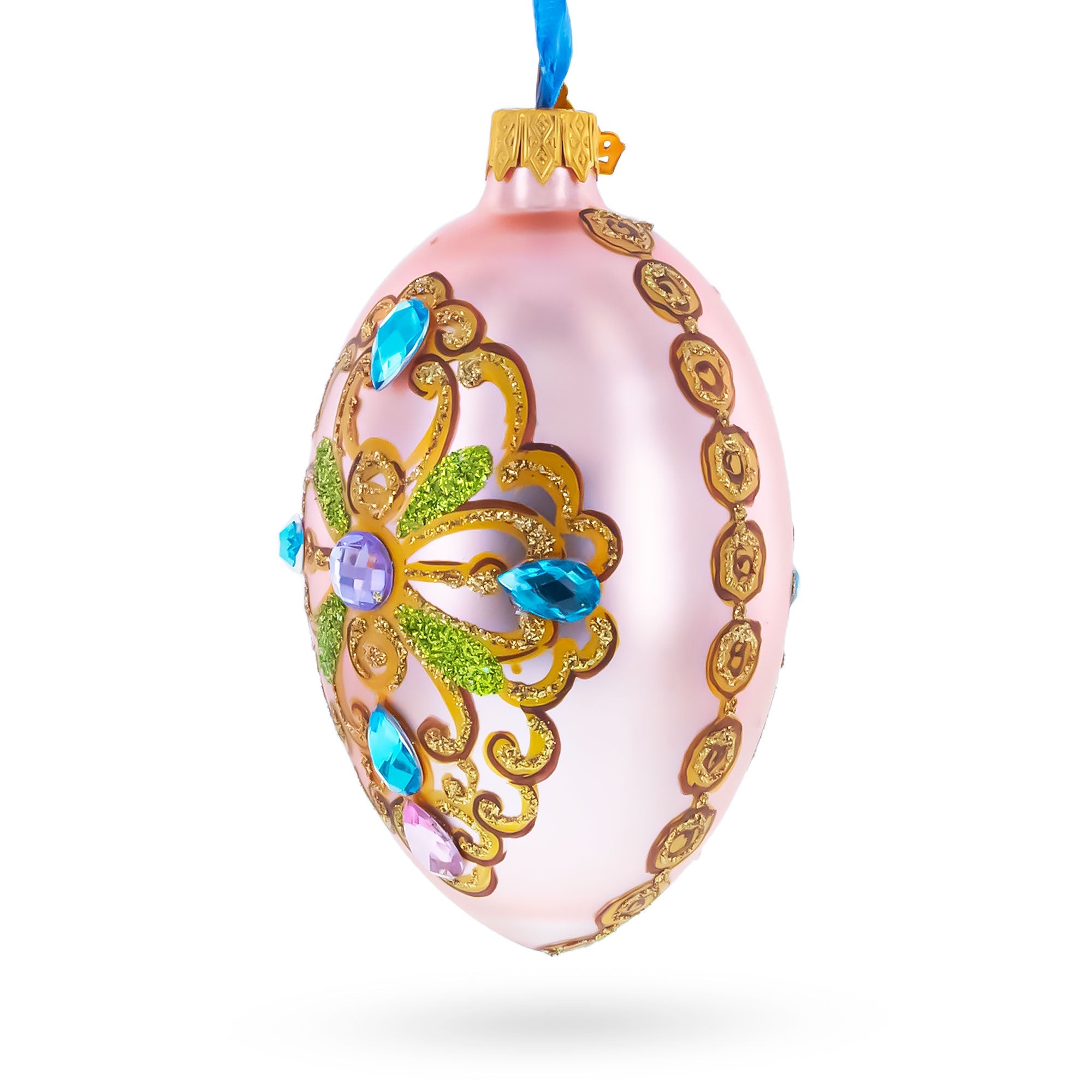 Italian Fashion House Jeweled Cross Glass Egg Christmas Ornament 4 Inches