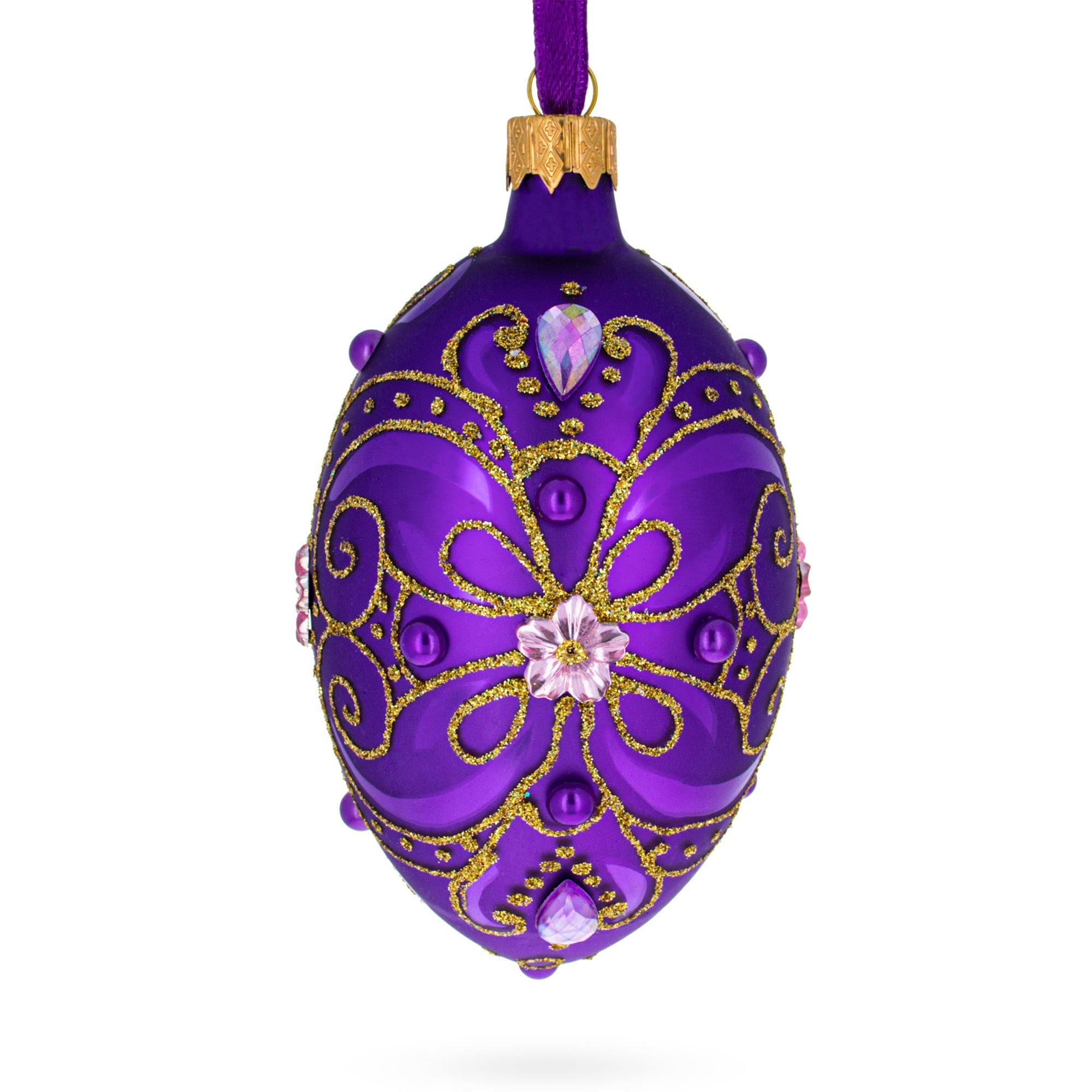 Royal Purple and Gold Glitter Scrollwork & Gem Accents Glass Egg Christmas Ornament 4 Inches