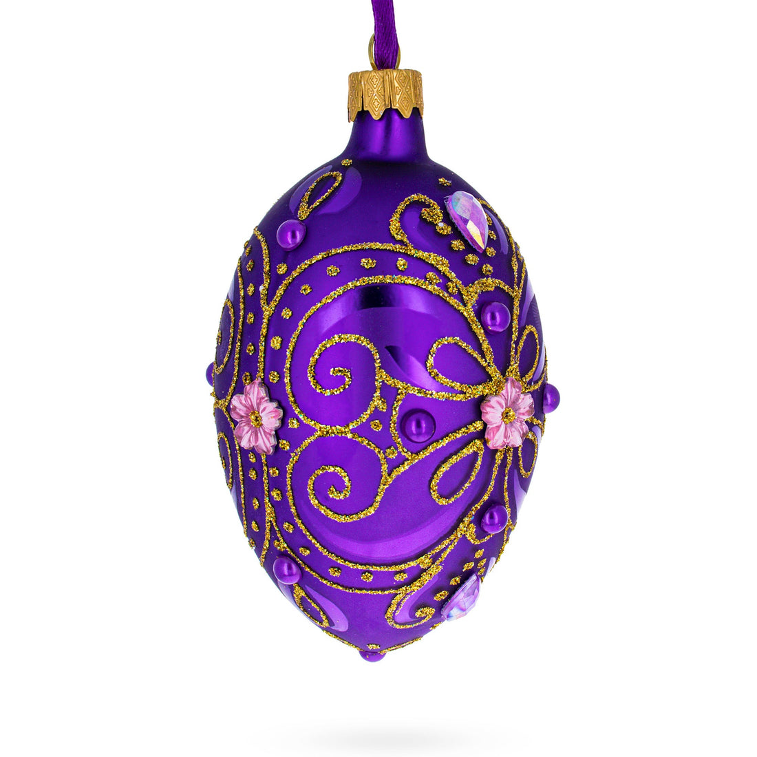 Royal Purple and Gold Glitter Scrollwork & Gem Accents Glass Egg Christmas Ornament 4 Inches