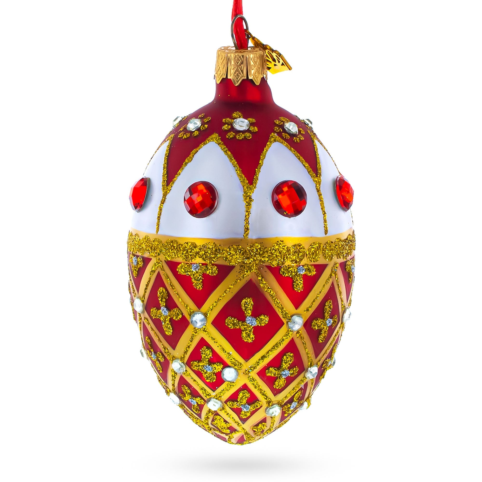 Jeweled Gold Trellis on Red and White Glass Egg Christmas Ornament 4 Inches