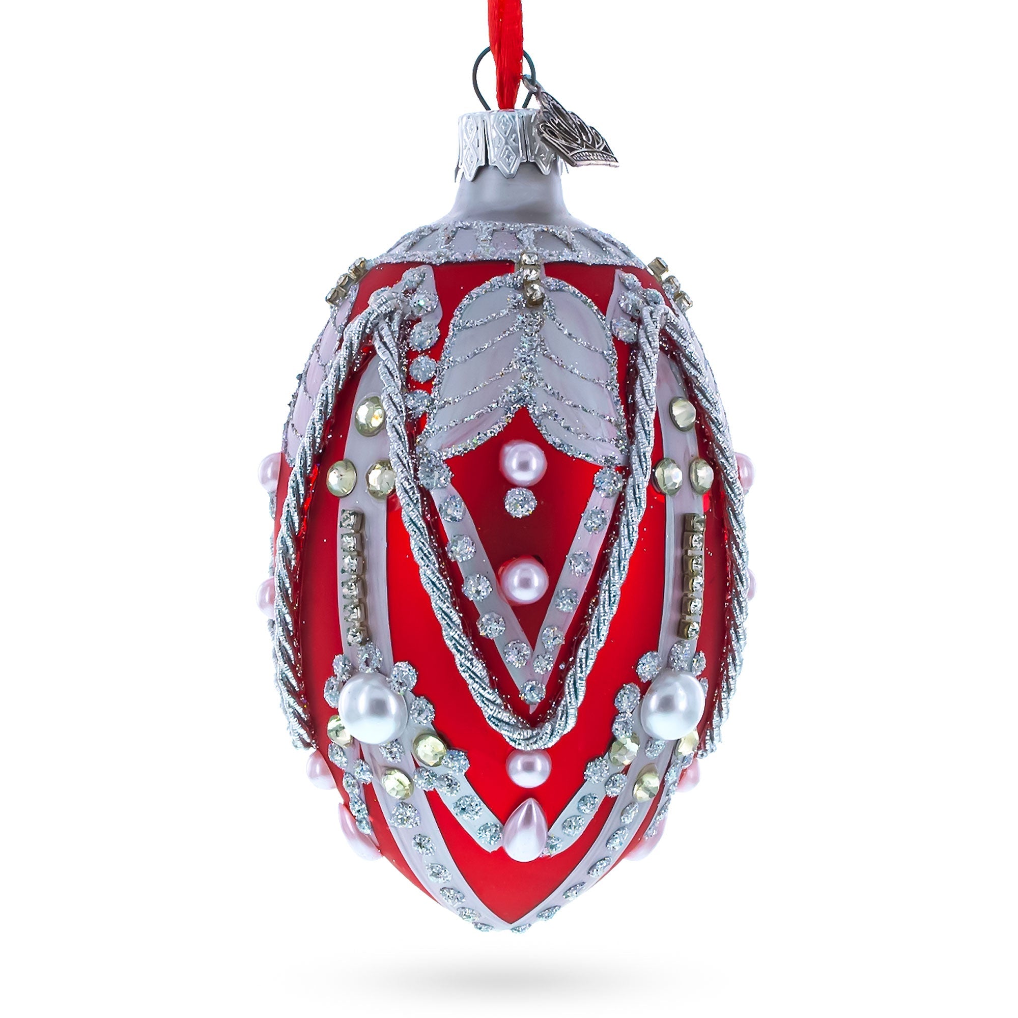 Silver Ropes on Red Glass Egg Christmas Ornament 4 Inches
