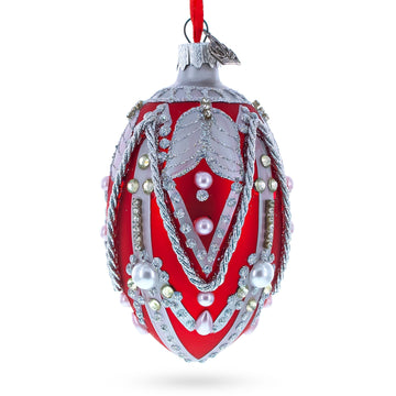 Silver Ropes on Red Glass Egg Christmas Ornament 4 Inches