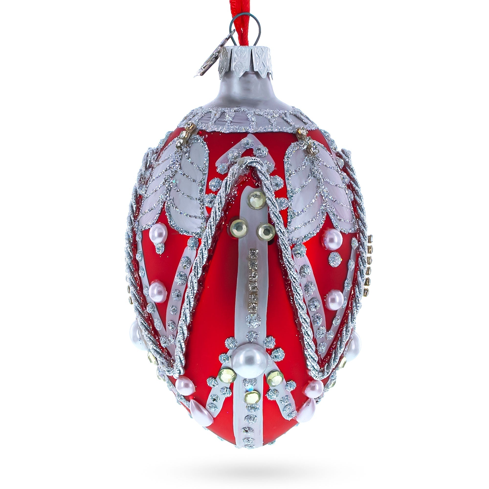 Silver Ropes on Red Glass Egg Christmas Ornament 4 Inches