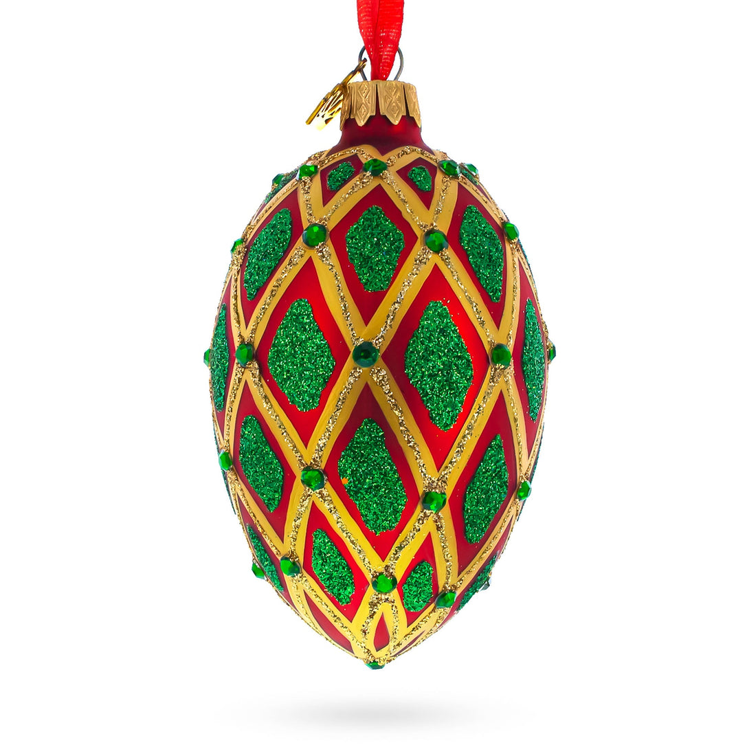 Jeweled Green IKAT on Red Glass Egg Christmas Ornament 4 Inches