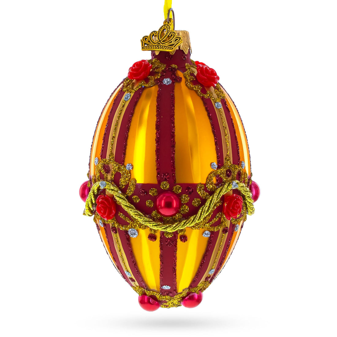 Golden Stripes over Pearls and Roses Glass Egg Christmas Ornament 4 Inches