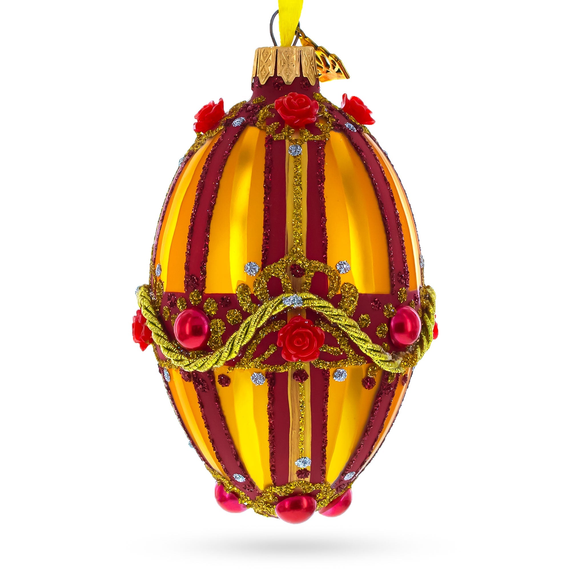 Golden Stripes over Pearls and Roses Glass Egg Christmas Ornament 4 Inches