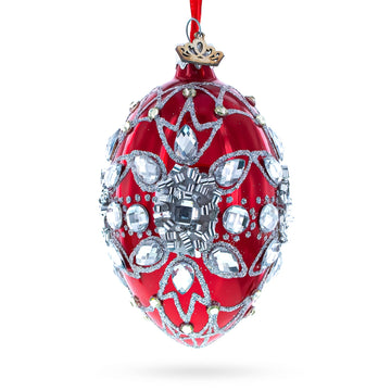 Diamond Star on Red Glass Egg Christmas Ornament 4 Inches