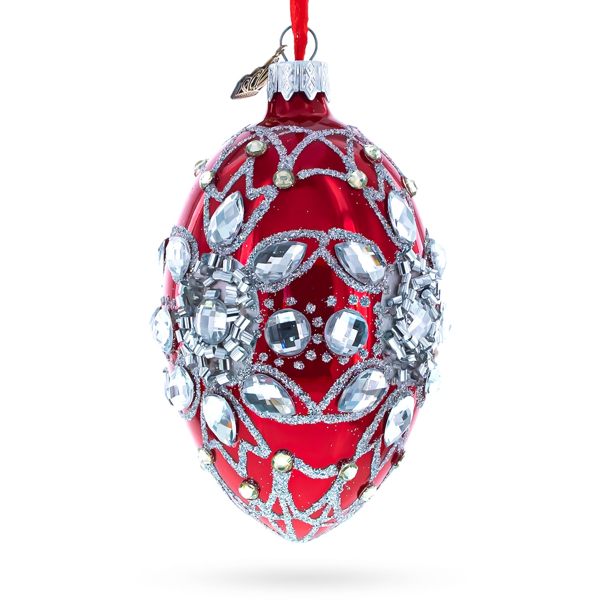 Diamond Star on Red Glass Egg Christmas Ornament 4 Inches