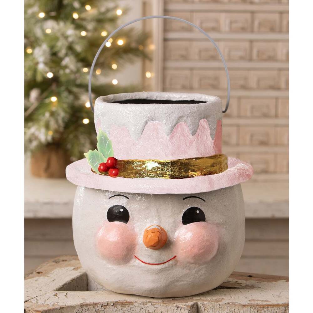SMALL Pastel Holly Hat Snowman Bucket By Bethany Lowe Designs