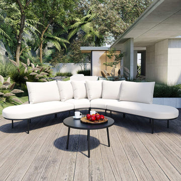 Premium Half- Moon 6-Person Curved All-Weather Outdoor Furniture Sofa Patio Set With Coffee Table And Cushions (SAK76332)