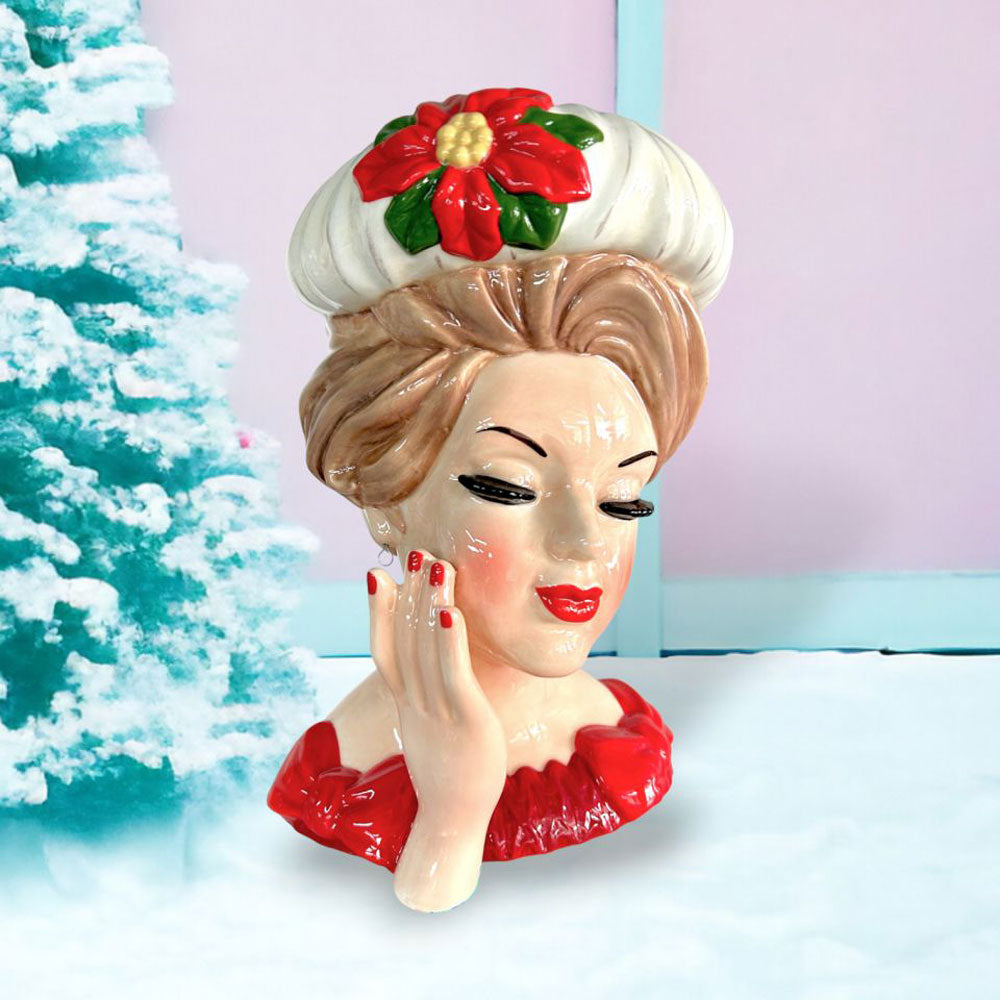 Retro Christmas Lady Head Vase -12"