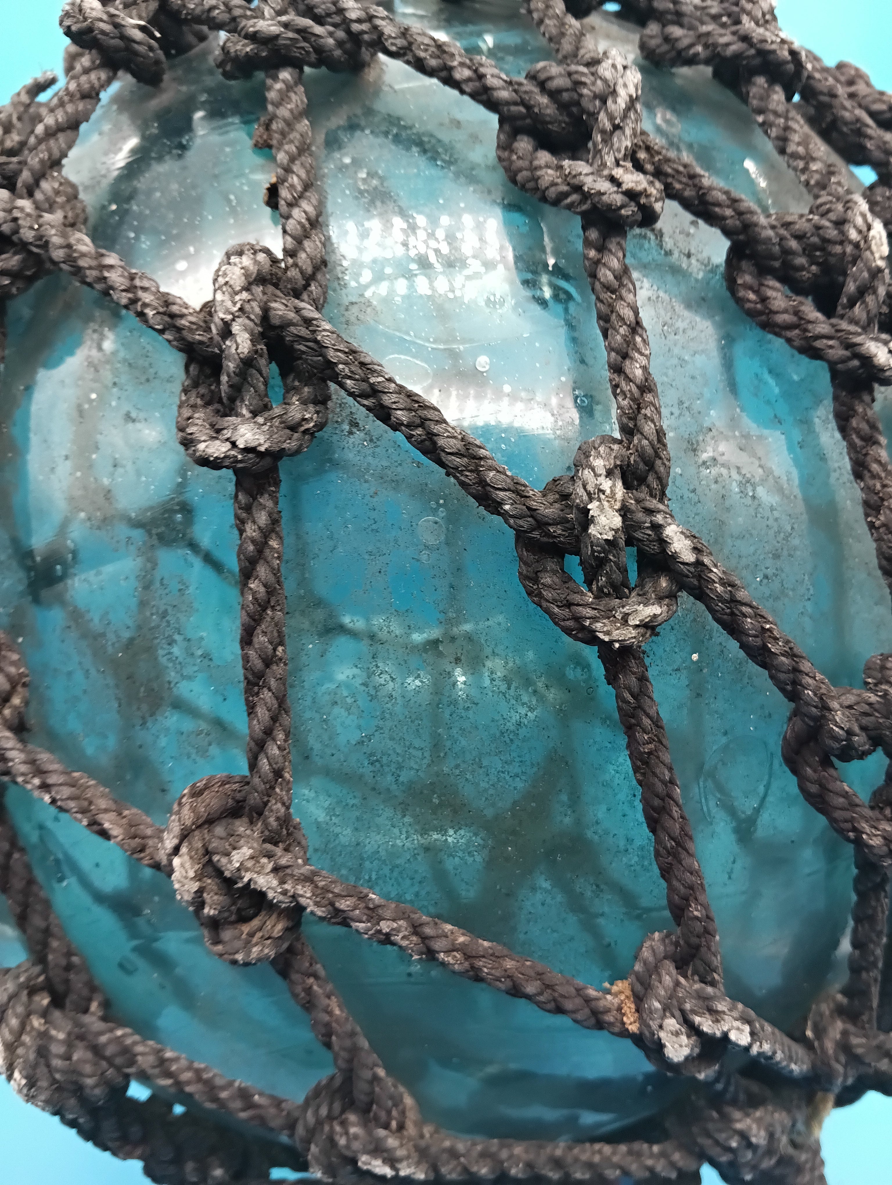 Japanese Glass Fishing Float with Net – 10.5" Aqua Blue-Green Coastal Decor