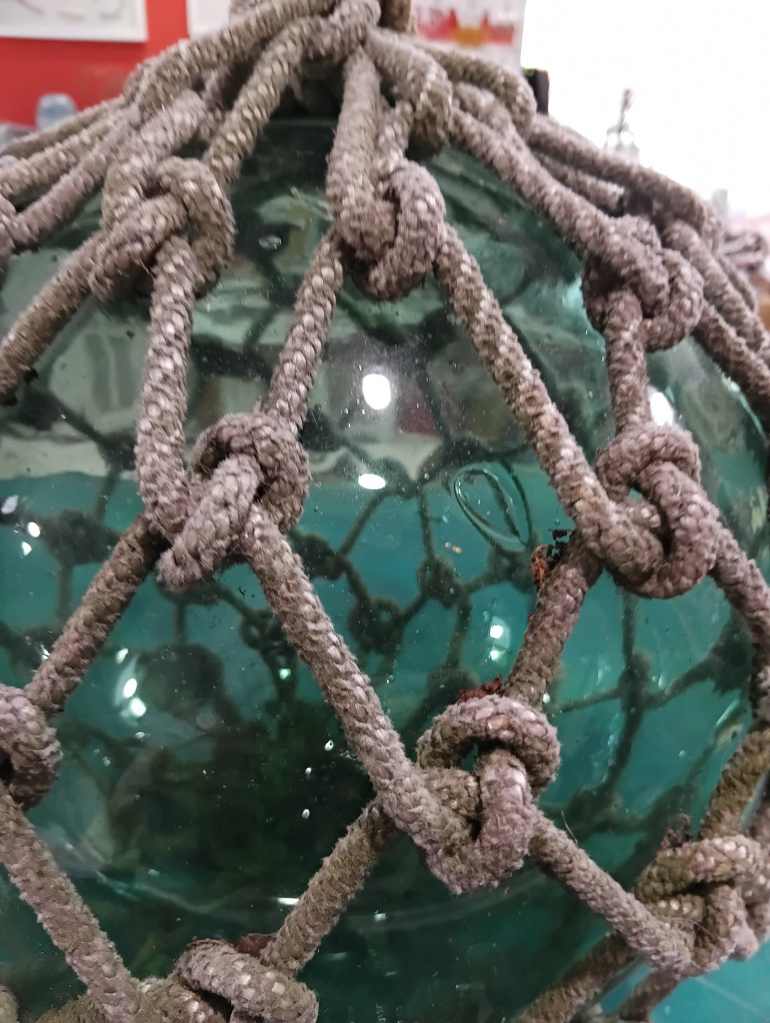 Vintage Nautical Green Glass Float with Rope Netting – Coastal Decor Accent