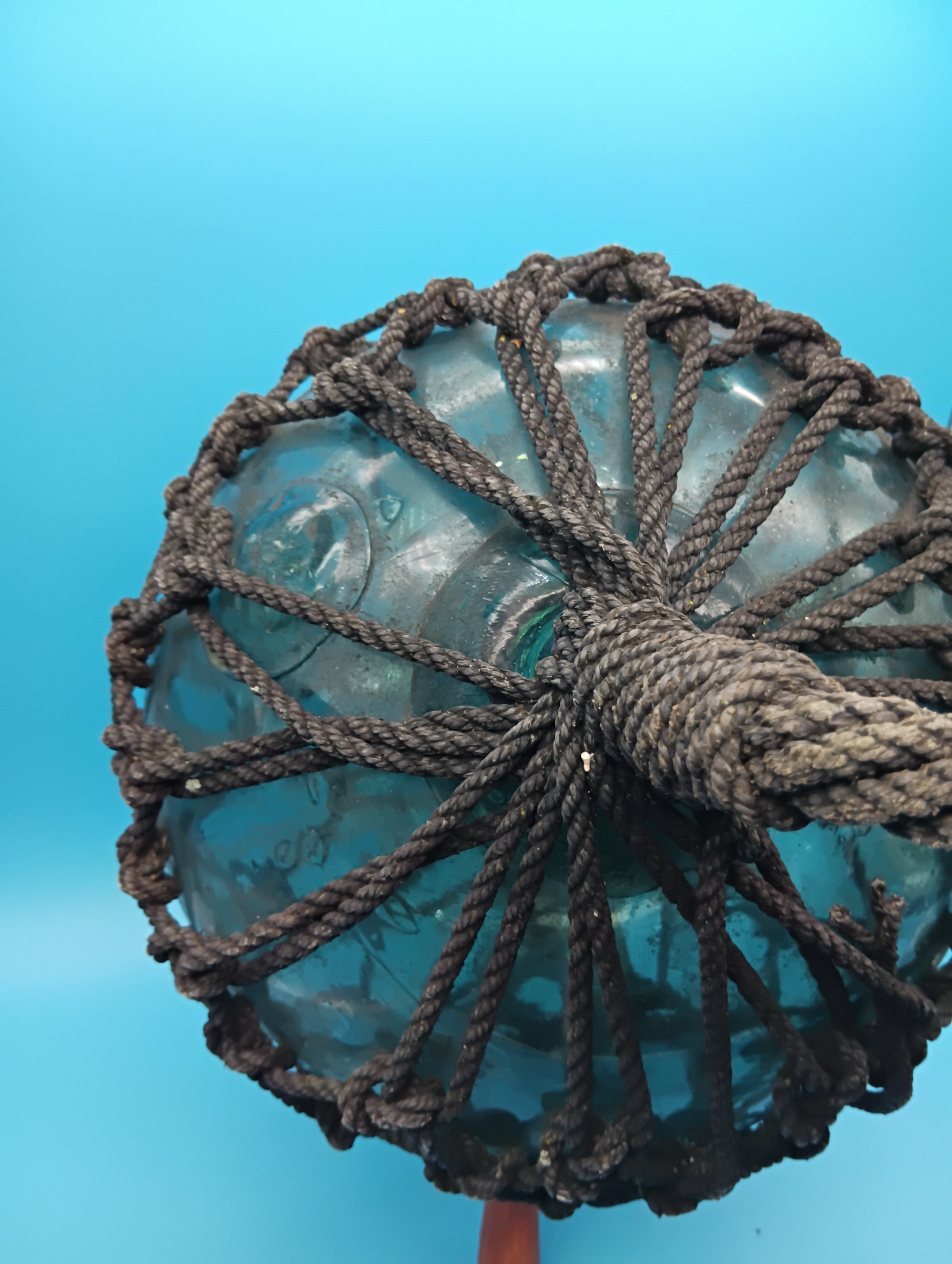 Japanese Glass Fishing Float with Net – 10.5" Aqua Blue-Green Coastal Decor