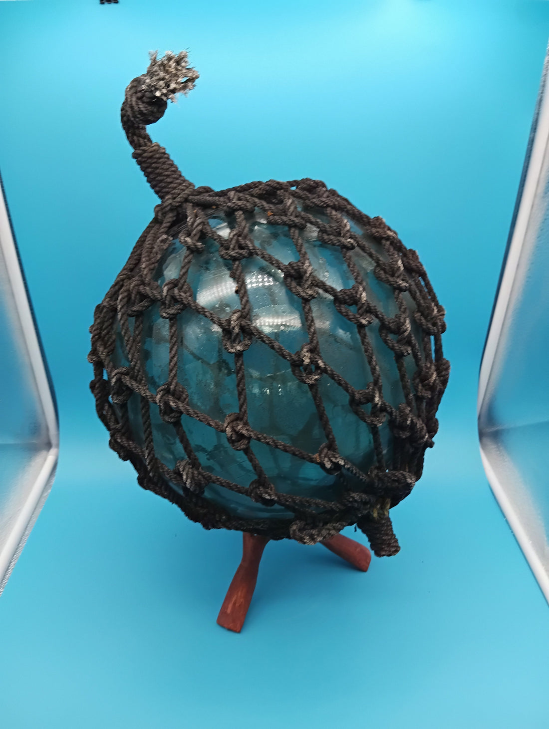 Japanese Glass Fishing Float with Net – 10.5" Aqua Blue-Green Coastal Decor