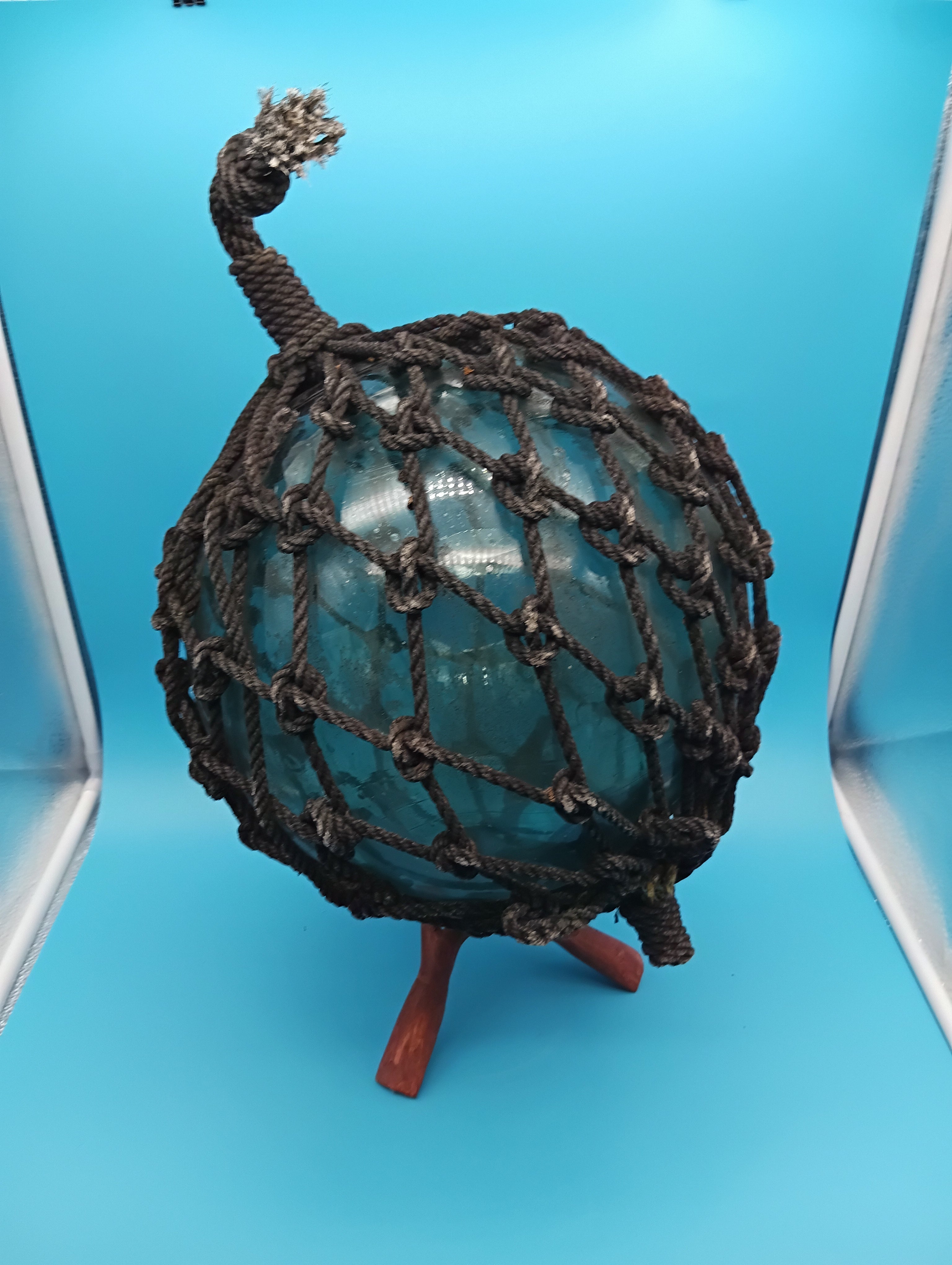 Japanese Glass Fishing Float with Net – 10.5" Aqua Blue-Green Coastal Decor