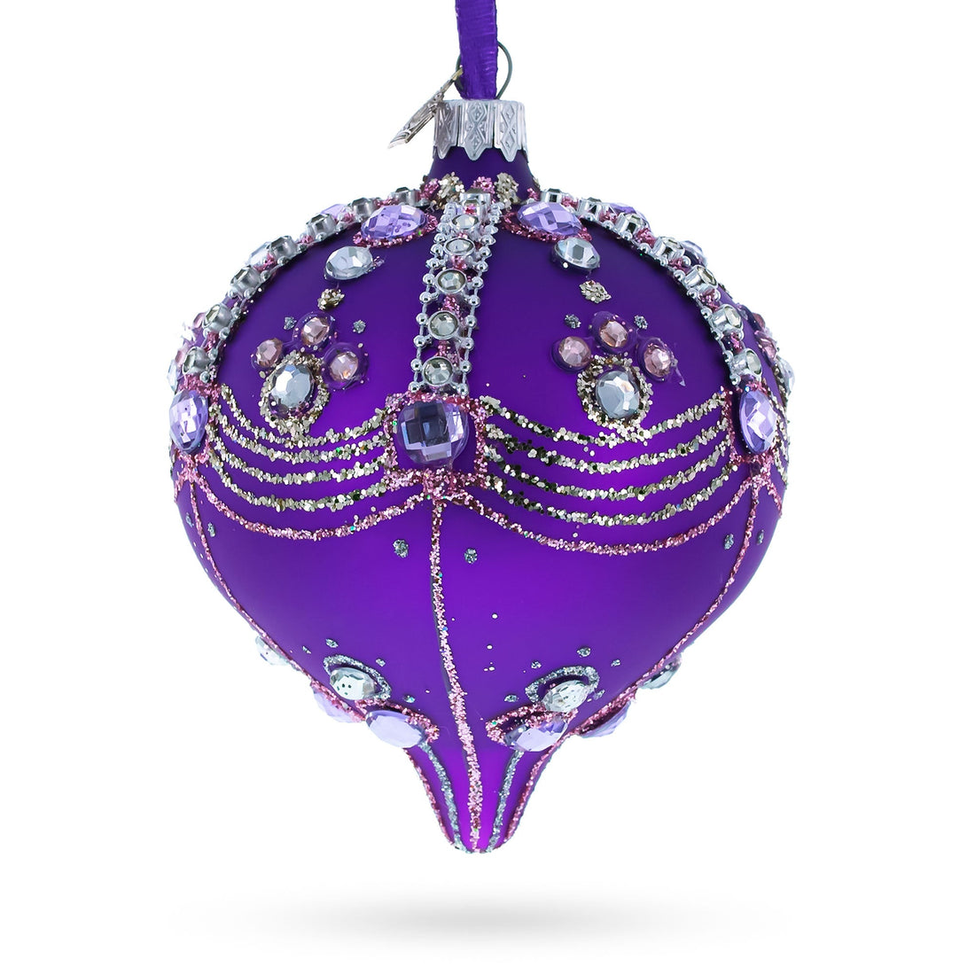 Sparkly Diamonds on Purple Onion-Shape Finial Glass Christmas Ornament
