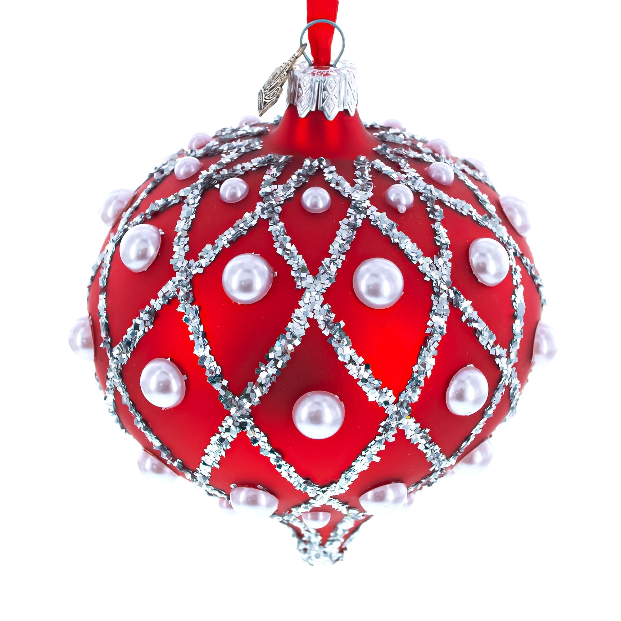 Pearl on Diamond Grid on Red Onion-Shape Finial Glass Christmas Ornament