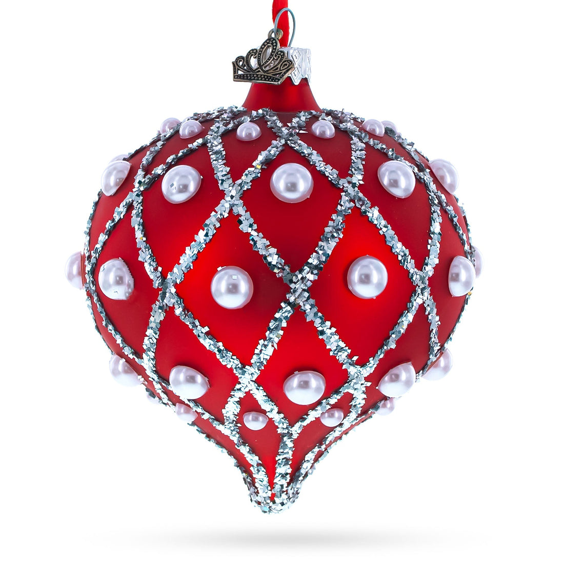 Pearl on Diamond Grid on Red Onion-Shape Finial Glass Christmas Ornament