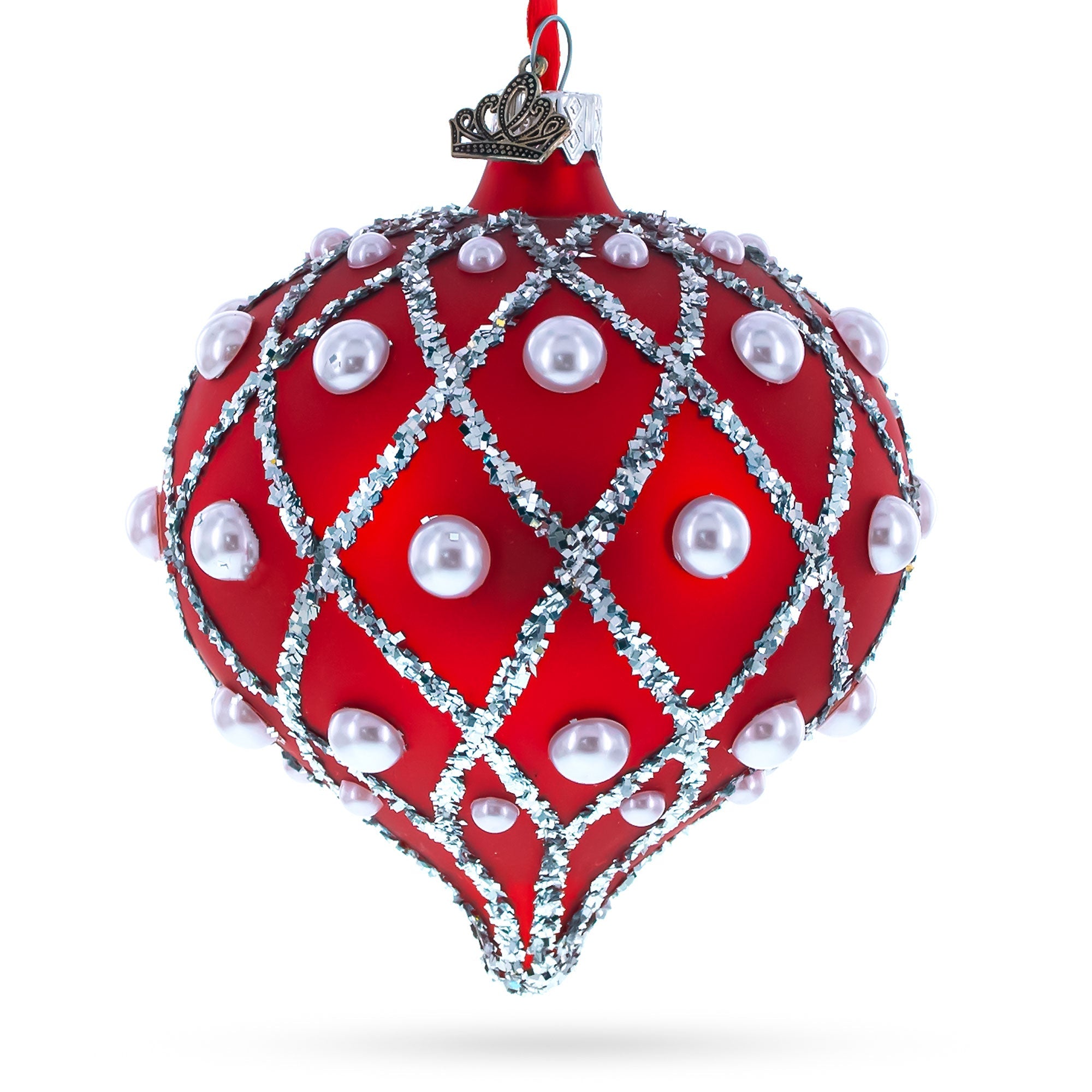 Pearl on Diamond Grid on Red Onion-Shape Finial Glass Christmas Ornament