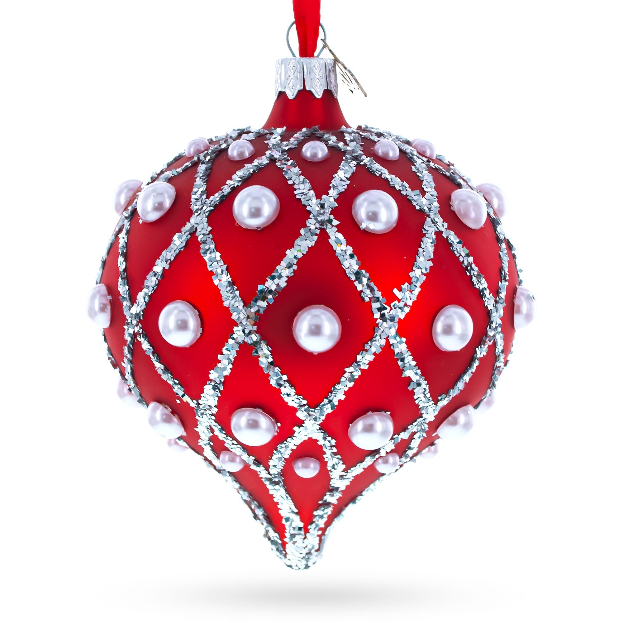Pearl on Diamond Grid on Red Onion-Shape Finial Glass Christmas Ornament