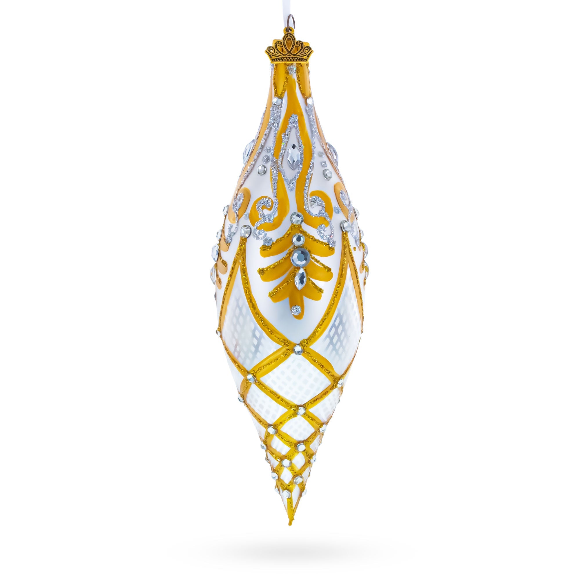 Gold & White Baroque-Style Gem-Encrusted Elongated Pointed Teardrop Finial Glass Christmas Ornament
