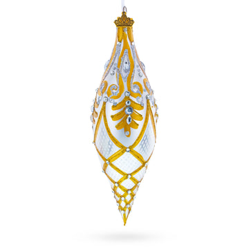 Gold & White Baroque-Style Gem-Encrusted Elongated Pointed Teardrop Finial Glass Christmas Ornament