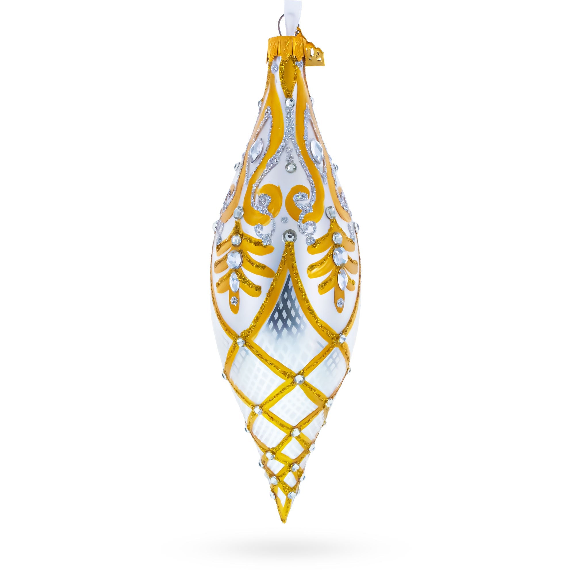 Gold & White Baroque-Style Gem-Encrusted Elongated Pointed Teardrop Finial Glass Christmas Ornament