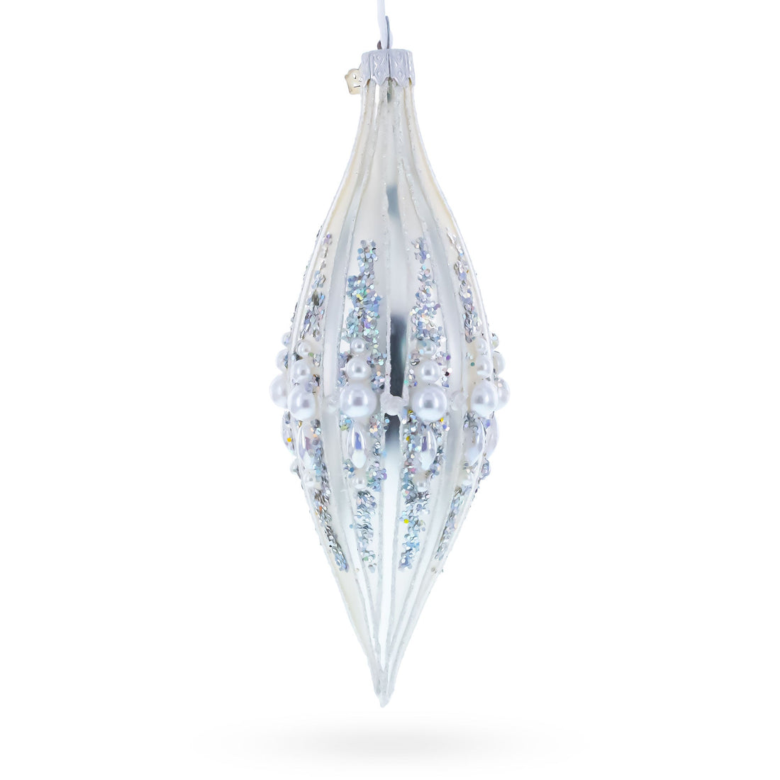 Pearl and Glitter Jeweled Elongated Pointed Teardrop Finial Glass Christmas Ornament