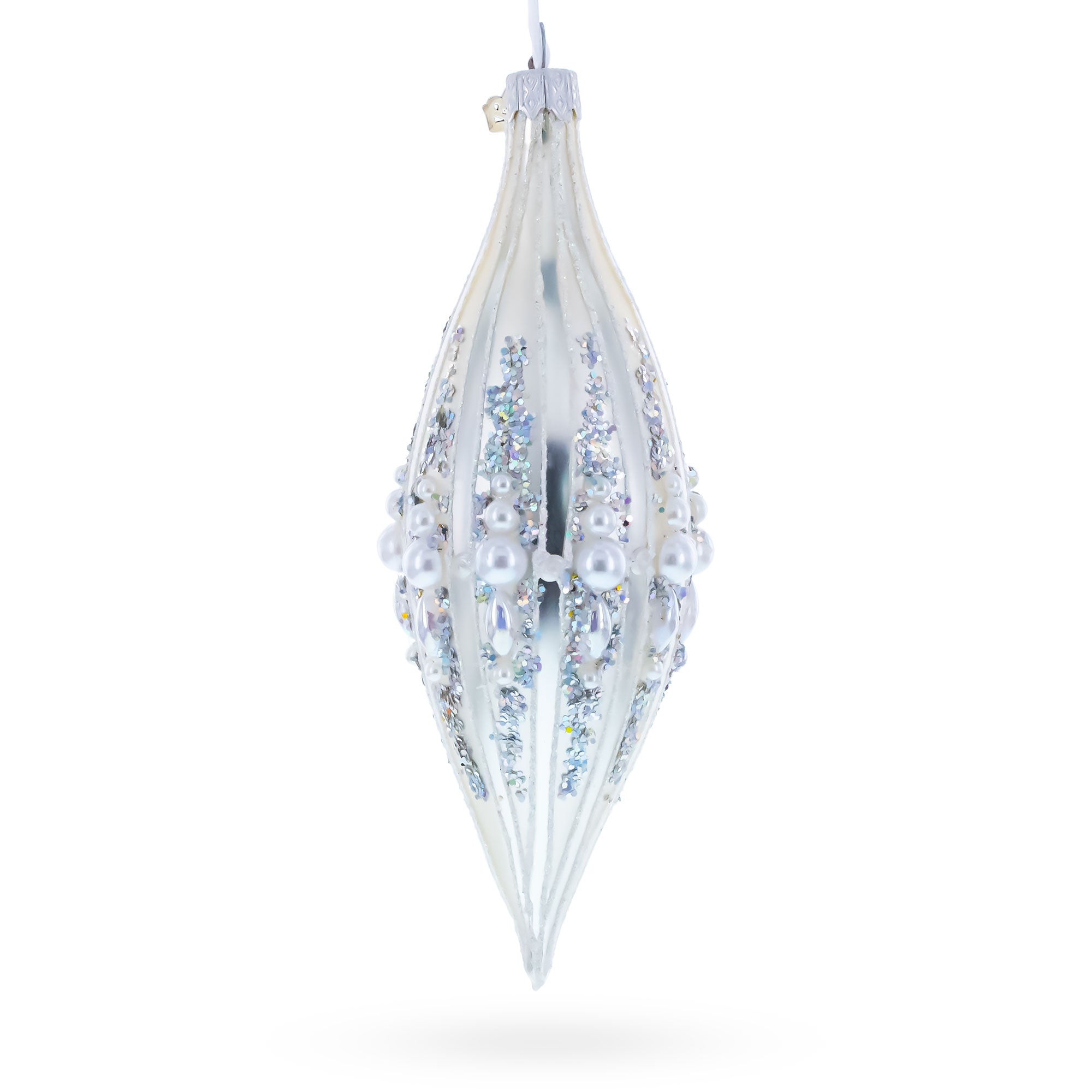Pearl and Glitter Jeweled Elongated Pointed Teardrop Finial Glass Christmas Ornament