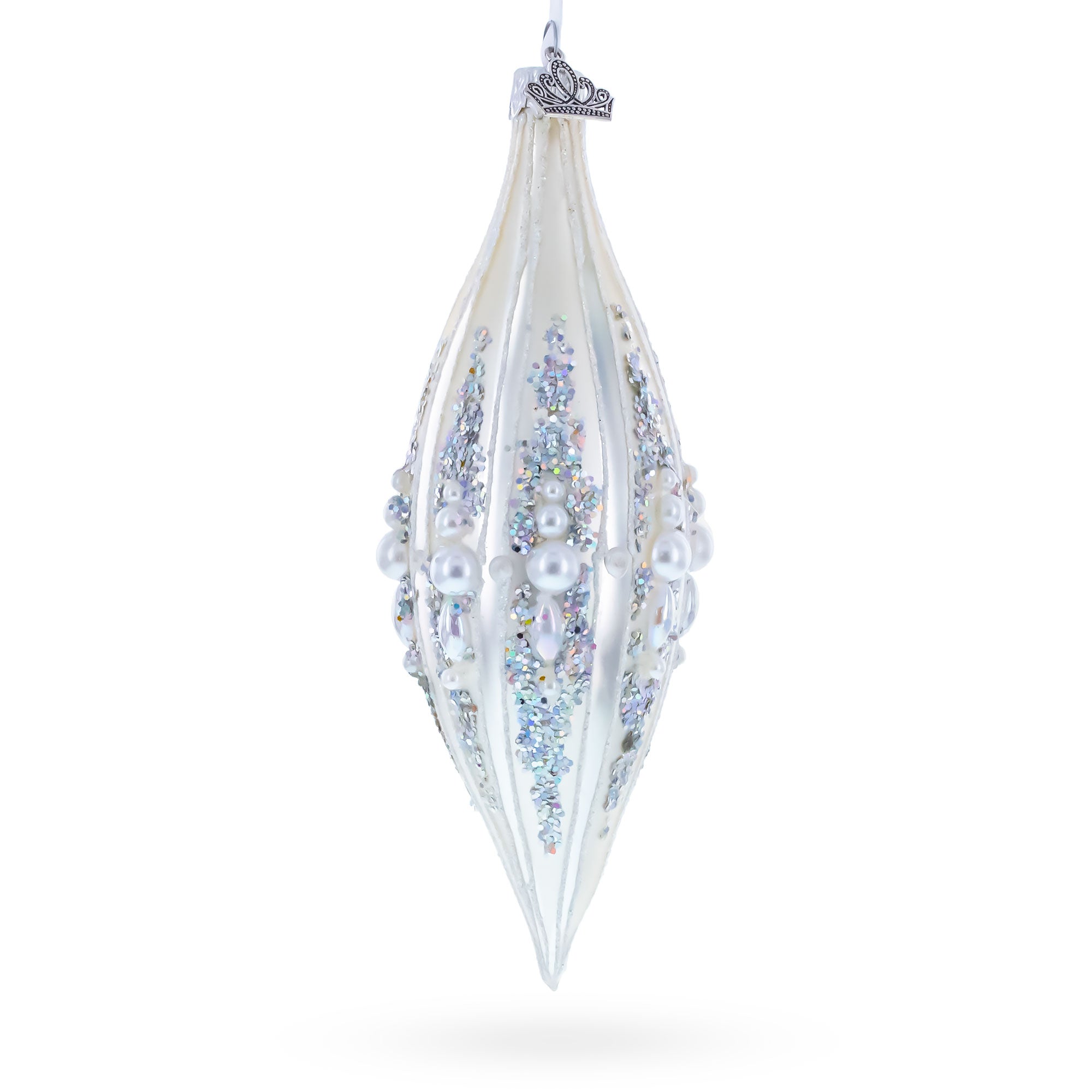 Pearl and Glitter Jeweled Elongated Pointed Teardrop Finial Glass Christmas Ornament