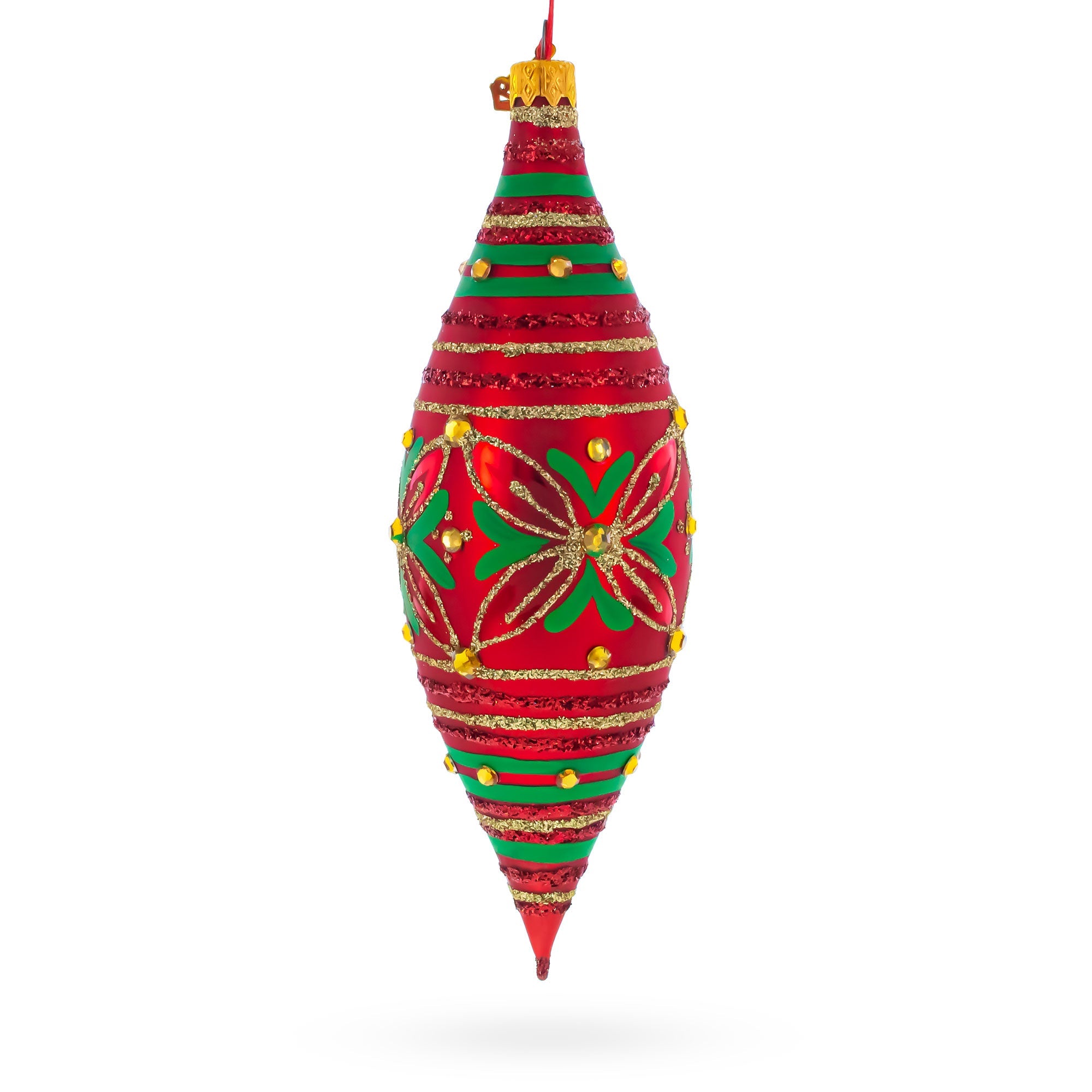 Red and Green Glitter Jeweled Elongated Pointed Teardrop Finial Glass Christmas Ornament