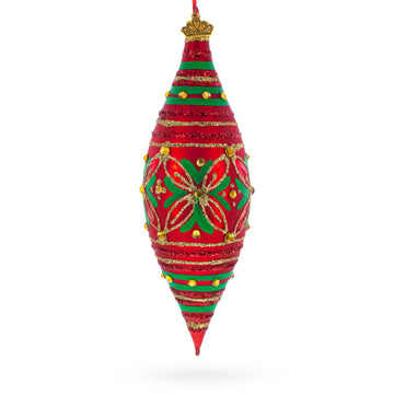 Red and Green Glitter Jeweled Elongated Pointed Teardrop Finial Glass Christmas Ornament