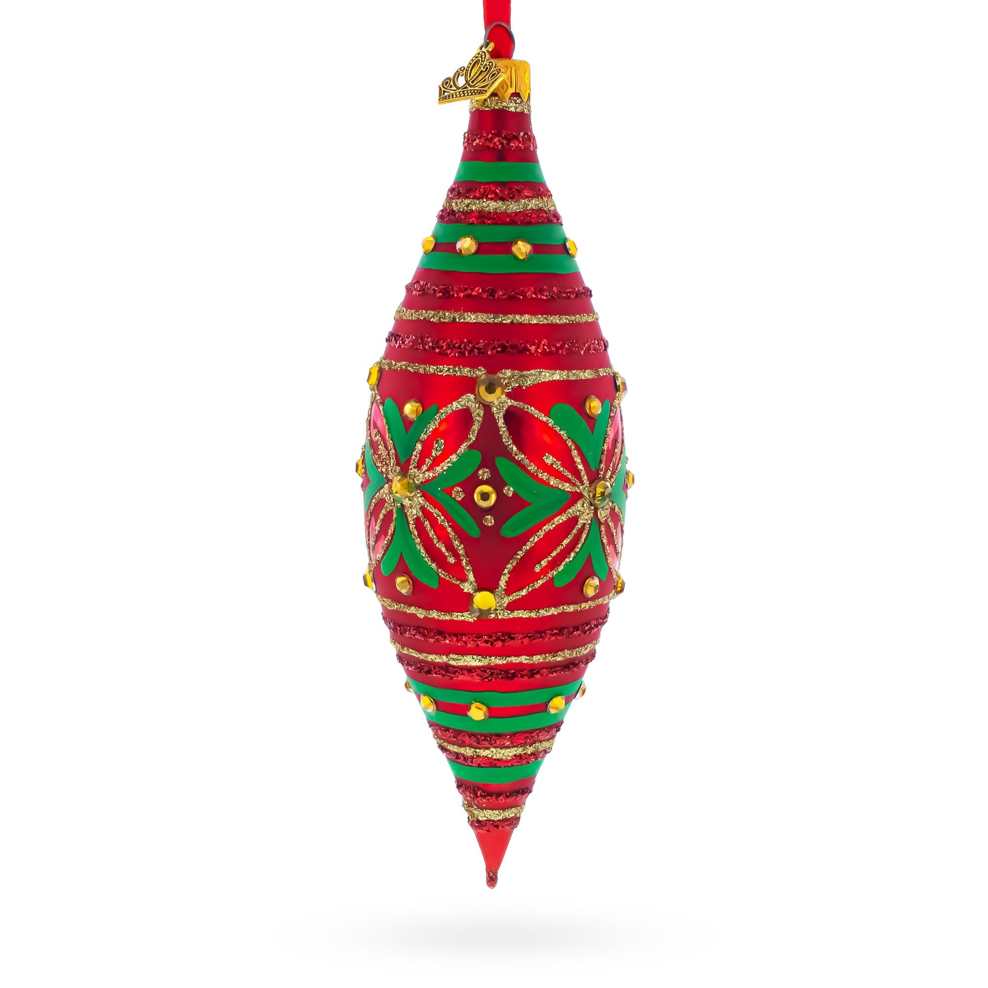 Red and Green Glitter Jeweled Elongated Pointed Teardrop Finial Glass Christmas Ornament