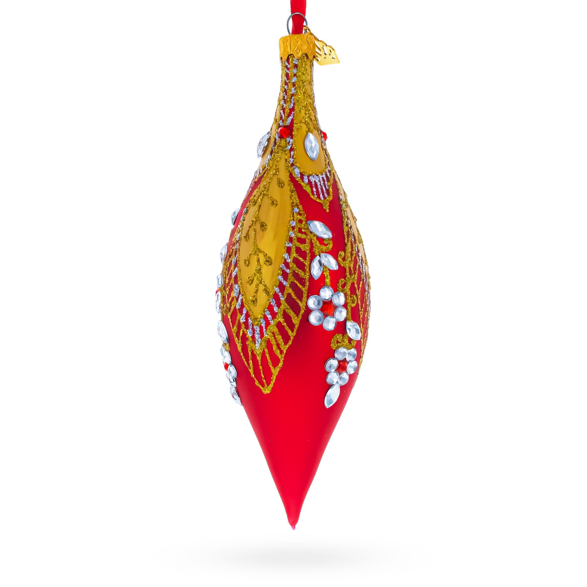 Red and Gold Jewel-Encrusted Elongated Pointed Teardrop Finial Glass Christmas Ornament